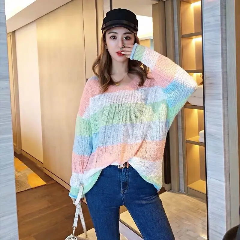 

Cute Macaron Striped Rainbow Sweater Women Fall 2019 Korean Style V Neck Batwing Long Sleeve Oversized Sweater Pullover T363