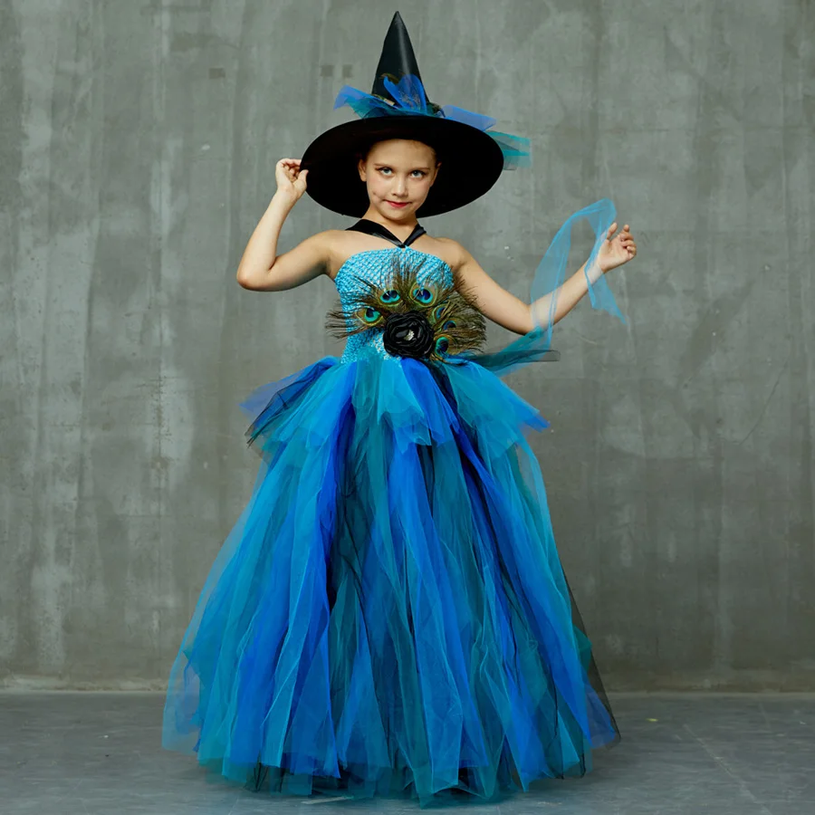 Girls Deluxe Peacock Feather Tutu Dress with Witch Hat Children Fancy Purim Pageant Birthday Party Costume Kids Prom Ball Gown (13)