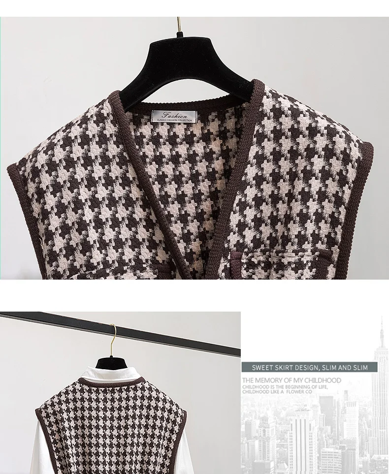 camisa de manga longa lanterna houndstooth tweed colete duas peças conjunto primavera outono das mulheres camisas define sem mangas topos novo