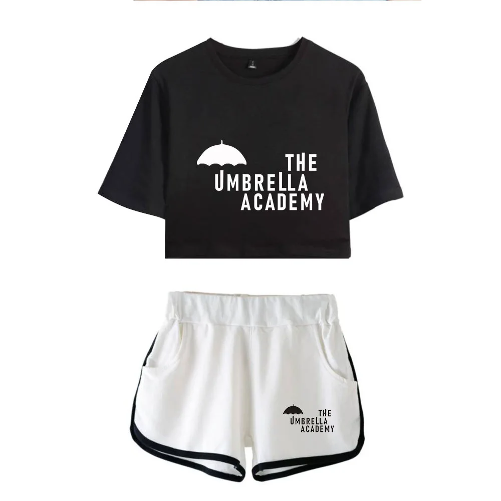 Conjunto de 2 piezas de Camiseta con estampado The Umbrella Academy, ropa de calle, Tops + Pantalones cortos, ropa deportiva Sexy para niñas, pantalones cortos transpirables de verano, 2021