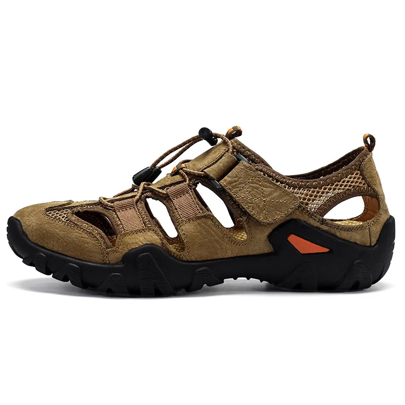 Уличная походная обувь водонепроницаемые мужские летние сандалии для прогулки из натуральной кожи горный треккинг Спортивные Кроссовки противоскользящие пляжные сандалии - Цвет: khaki