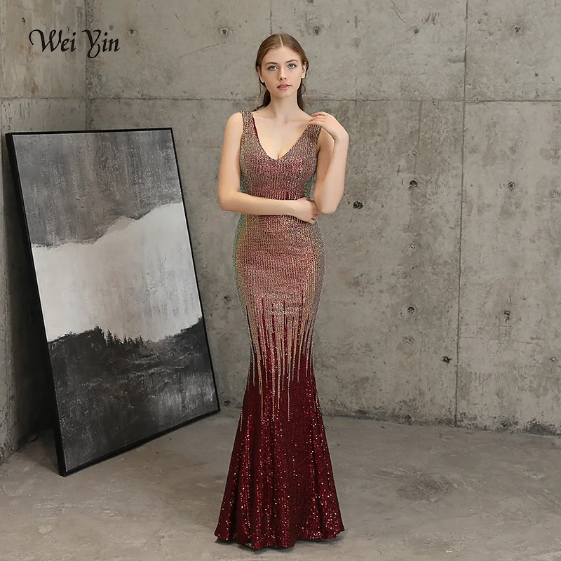 

wei yin AE0358 New Double-V Long Evening Dress 2020 Robe De Soiree Sexy Backless Luxury Sequin Formal Party Dress Prom Gowns