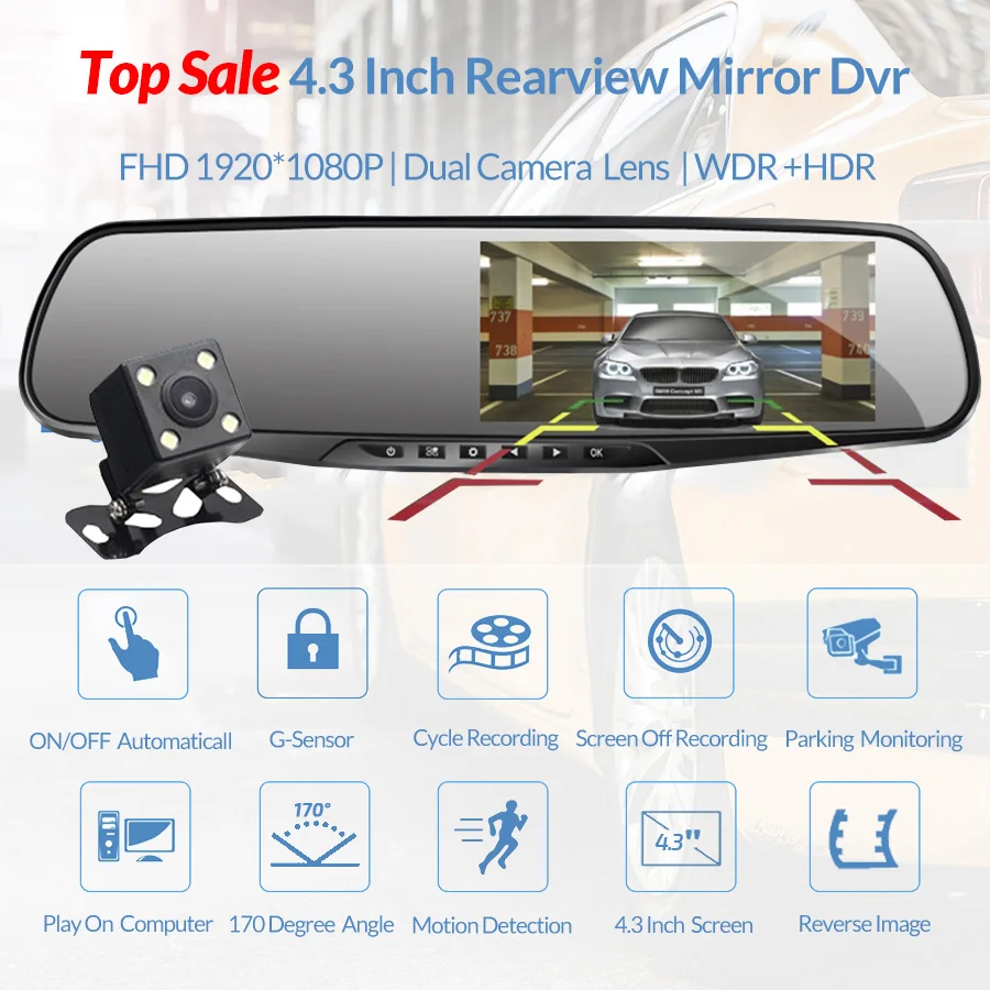 

High Quality 4.3 Inch Car DVR Full HD Rearview Mirror with Rear View Camera Night Vision Dual Lens Dash Cam Auto Video Recorder