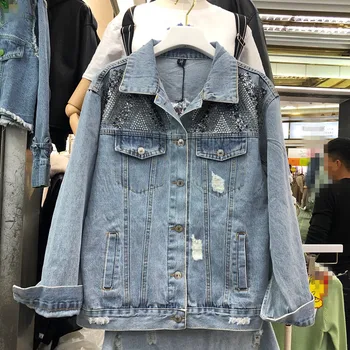 

2020 Spring Autumn New Loose BF Jeans Coat Outwear Girls Diamond Holes Denim Jacket Women Jackets Cowboy Tops Women Streetwear