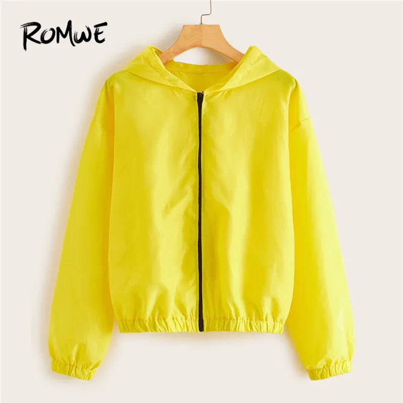 

Romwe Sport Yellow Zip Up Drop Shoulder Windbreak Hooded Jacket Women Fall 2019 Clothes Female Running Jacket Fitness Activewear
