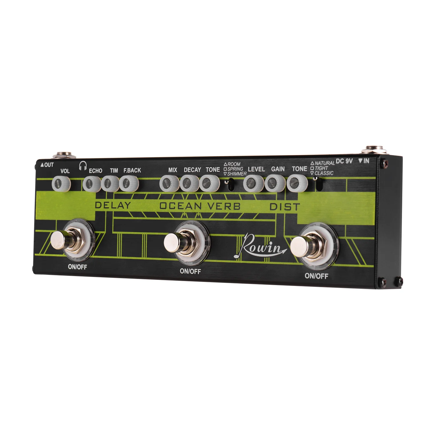 Rowin DAP-1 3-в-1 гитара Мульти для создания спецэффектов задержка+ Океанский глагол+ искажения Алюминий корпус из металлического сплава с Истинной Bypass Функция
