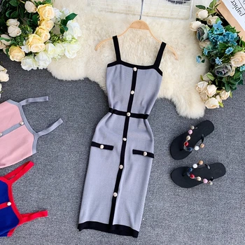 

2020 Ladies Button Sexy Slim Summer Knitted Mini Short Bodycon Dress Women Sexy Spaghetti Strap Casual Party Sheath Vestidos