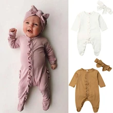 От 0 до 12 месяцев, комбинезон для новорожденных и малышей+ головной убор, с длинными рукавами, с оборками, однотонная хлопковая удобная одежда для маленьких мальчиков и девочек