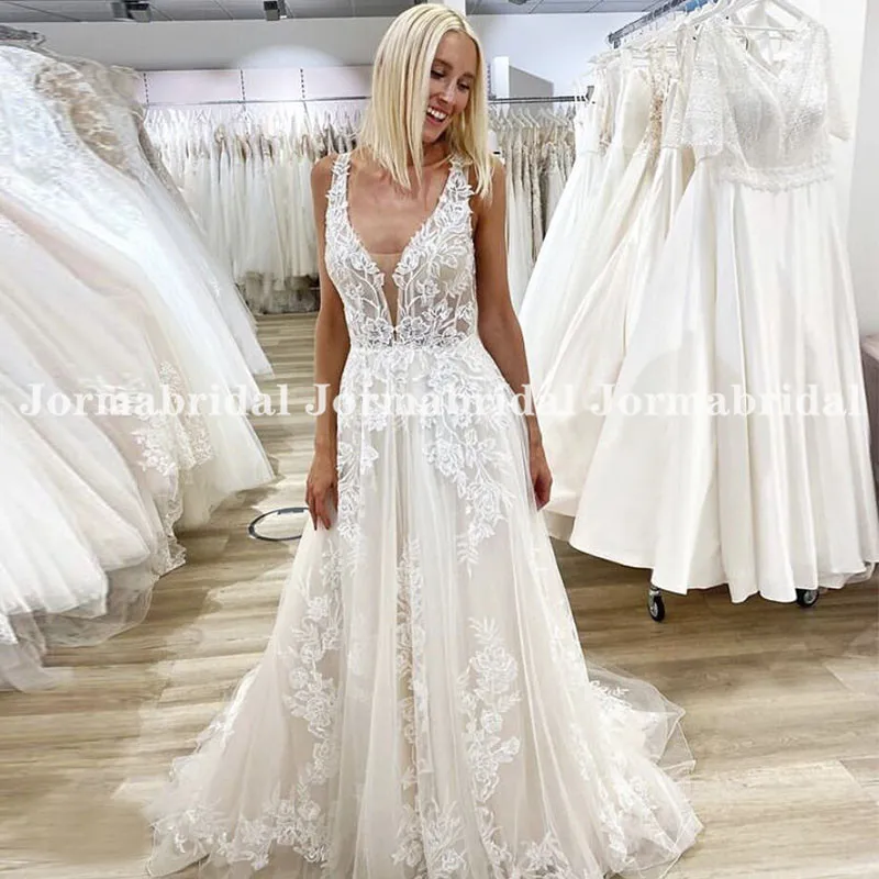 Romantic Appliques Bohemian Wedding Dresses V-Neck Tulle Beach Bridal Gowns Sweep Train Long Formal Summer Party Dress For Women | Свадьбы и
