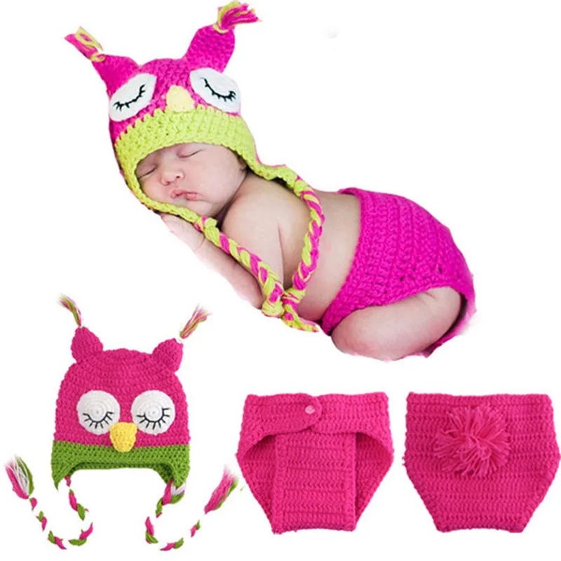 Cute Owls Puppy Dog Frogs Clothes Newborn Photography Props Baby Infant Hat Shorts Crochet Knitted Clothing Set Photo Accessories (8)