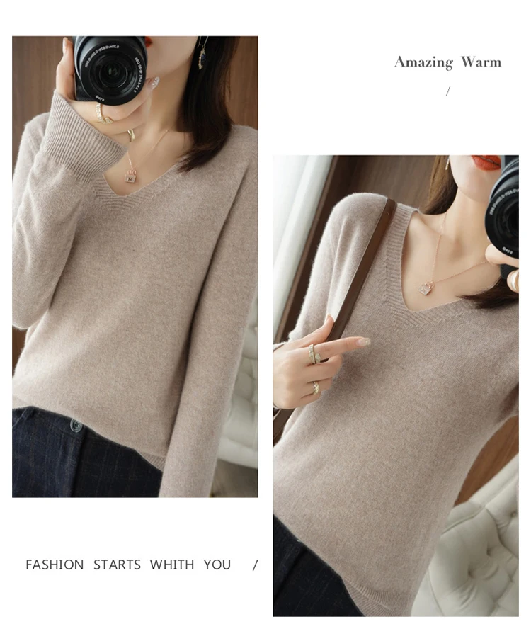 Autumn Winter New Cashmere Sweater Women Keep Warm V-neck Pullovers Knitting Sweater Fashion Korean Long Sleeve Loose Tops