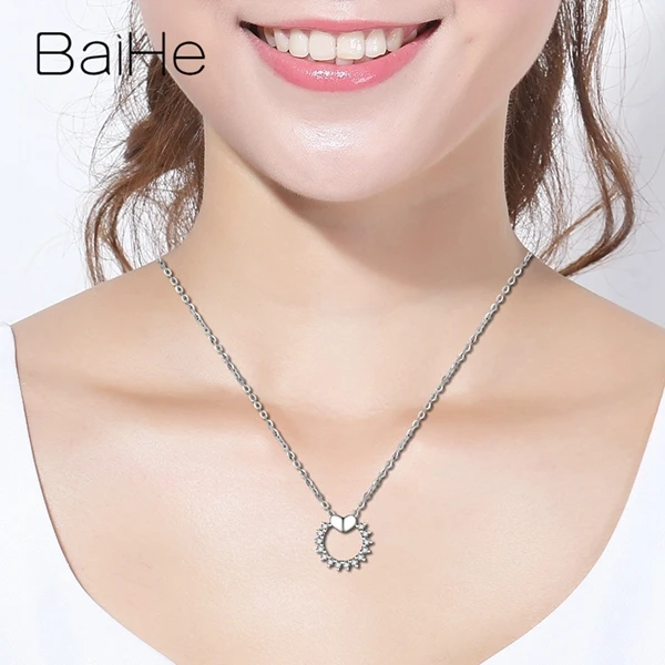 BAIHE Solid 18 K, белое золото, сертифицированный 0.08ct H/SI круглый, натуральные бриллианты, женское изысканное украшение на свадьбу, Подарочные ожерелья