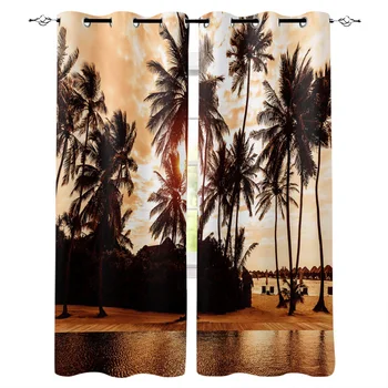 

Beach Sunset Tree Tropical Window Curtains Living Room Kitchen Curtains for Bedroom Left and Right Biparting Open Curtains