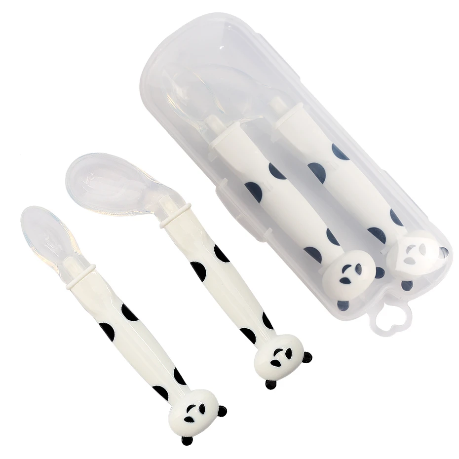 

2Pcs Bendable Baby Spoon Fork Set Cute Panda Toddler Infant Learning Tableware Flatware Utensils Kids Cutlery With Storage Box