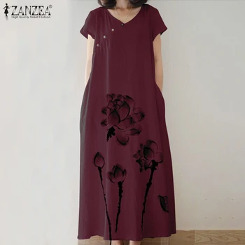 

ZANZEA Summer Vintage Floral Printed Sundress Women V neck Short Sleeve Cotton Linen Dress Loose Vestido Kaftan Dresses Baggy