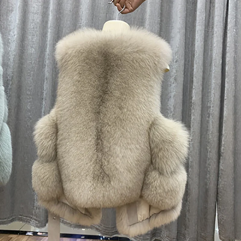 Новинка, шуба из натурального Лисьего меха, круглый вырез, разноцветный жилет для женщин, мех с поясом, натуральный Лисий мех, короткий стиль, меховой жилет для женщин, зимний