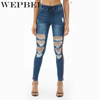 

WEPBEL Spring Autumn Jeans for Women Hole Denim Pencil Pants Fashion Vintage Mid Waist Side Striped Jeans