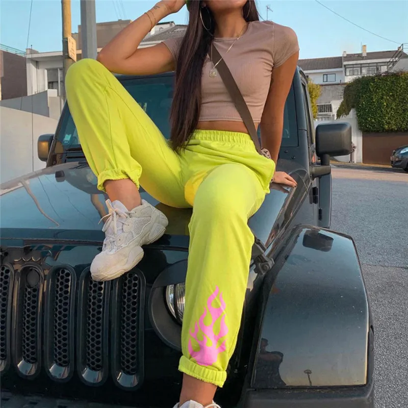 

High Waist Yellow Blue Cargo Pants Women Streetwear Fire Printed Partten Jogger Harajuku Autumn Fall Loose Trousers