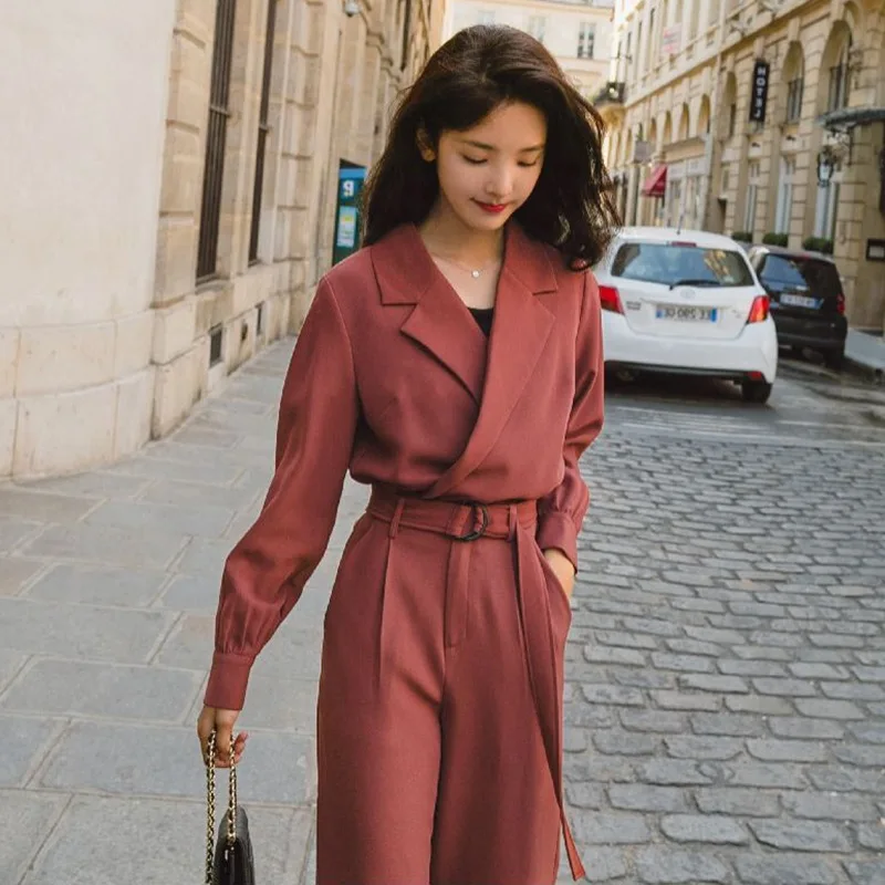 

Photo Shoot CHIC Brick Red Short Small Suit Coat Women's Elegant Ol High-waisted Wide-Leg Straight-Cut Suit Pants Two-Piece Set