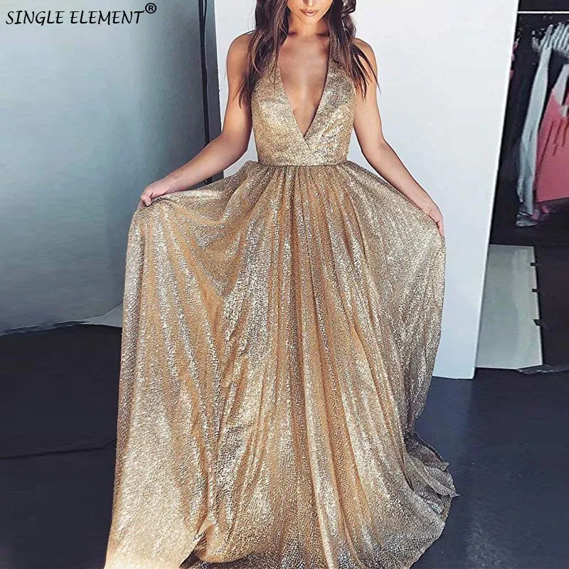 

Single Element Backless Rose-gold Sequin Prom Dresses V Neck Sexy Long Train Formal Party Dress Vestidos de fiesta