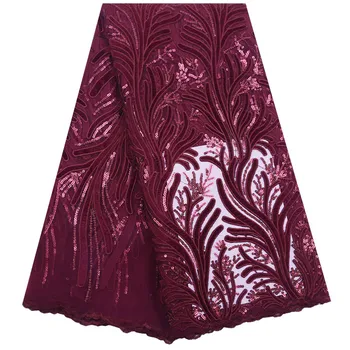 

Hot Sale Winered African Lace Fabric High Quality 2020 French Velvet Lace Fabric 5Yards With Sequins Nigerian Lace Cloth A1841