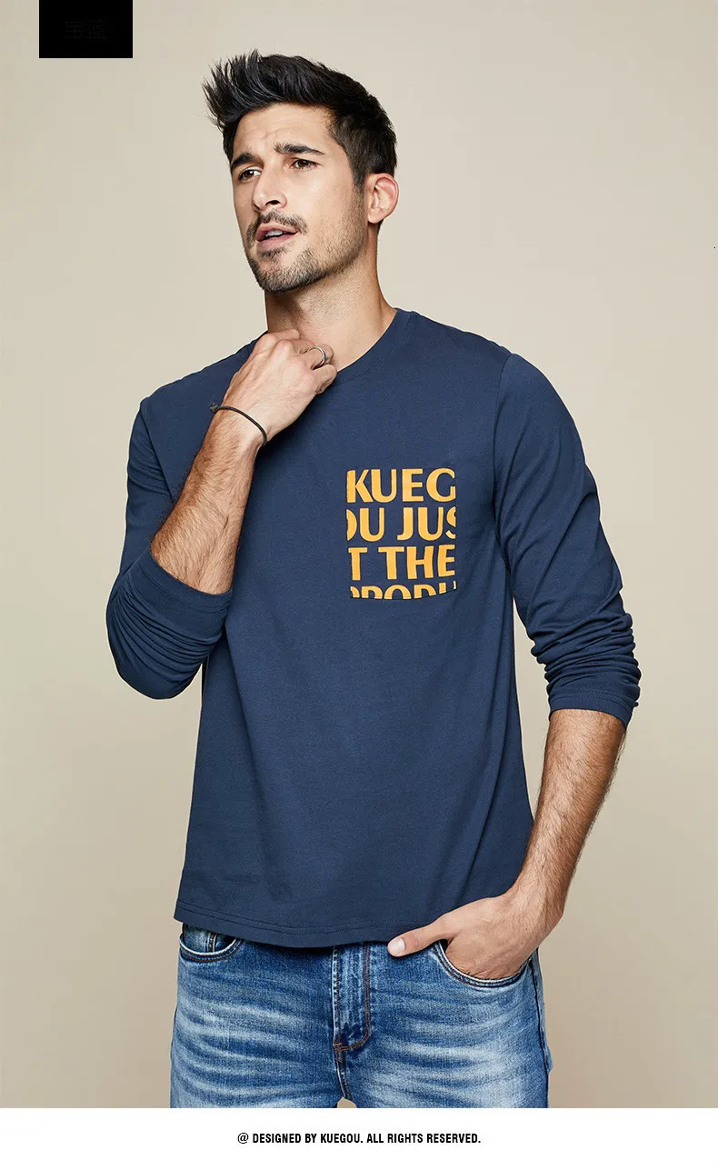 KUEGOU осень хлопок Принт карман белая футболка мужская футболка брендовая футболка с длинным рукавом Футболка модная одежда 7764