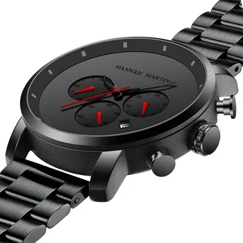 

Hannah Martin Top Luxury Brand Men Watch Quartz Wristwatch Sports Chronograph Clock Black Steel Clock Fashion Business Watch Men