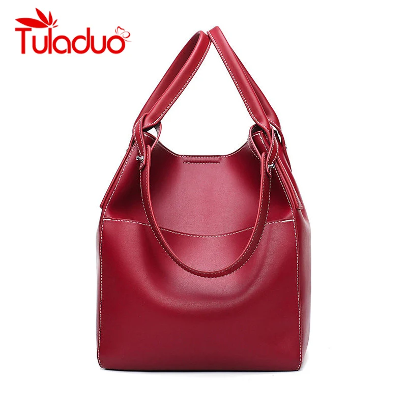 

Famous Brand Handbag Women Genuine Leather Shoulder Bag Casual Large Capacity Top-Handle Bucket Bag Simple Style Solid Totes