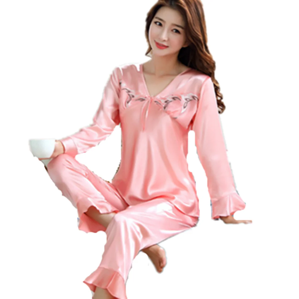 

Pajamas Women's Sexy Long-Sleeved Silk Korean-Style Spring and Autumn Silk Thin Viscose Fiber Homewear Set