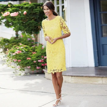 

Abiti da Cocktail Yellow Lace Dress Women Short Evening Night Party 2020 Vintage Mother of The Bride Dress with Half Sleeve