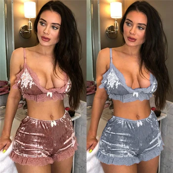 

New Women Sexy Lingerie Pajama Sets Velvet Lace Nightwear Sleepwear Bra Bralette Crop Top Shorts 2PCS Babydoll Pajamas Summer