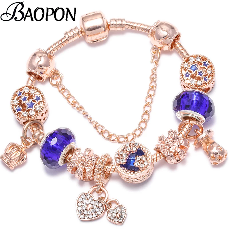 

BAOPON New Love Heart Charm Bracelets With Crown Pendant Blue Crystal Fine Bracelet For Women Lover Wife Fashion Jewelry Gift