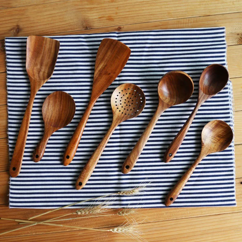 Натуральное тиковое дерево посуда ложка длинный дуршлаг для риса шумовка для супа поварские ложки Совок кухонный набор инструментов