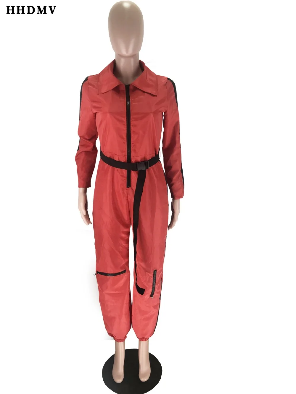 HHDMV XM10832 women casual tooling style jumpsuits long sleeve lapel zipper sashes pure color simple jumpsuits long pants