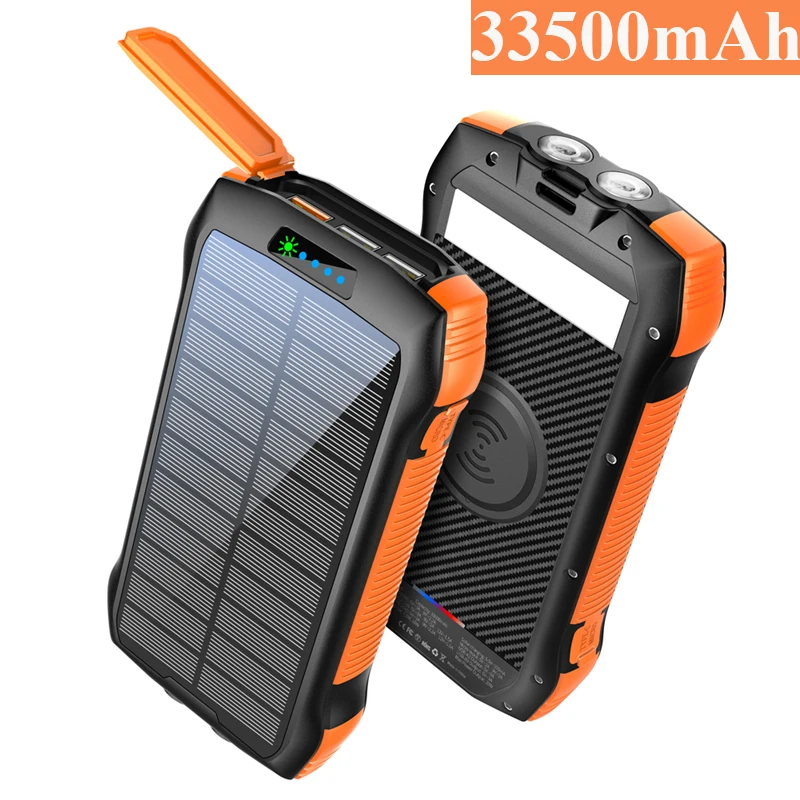Sun-Powered Freedom: Erilles 33500mAh Solar Power Bank with Qi Wireless Charger - Fast Charging on the Go!