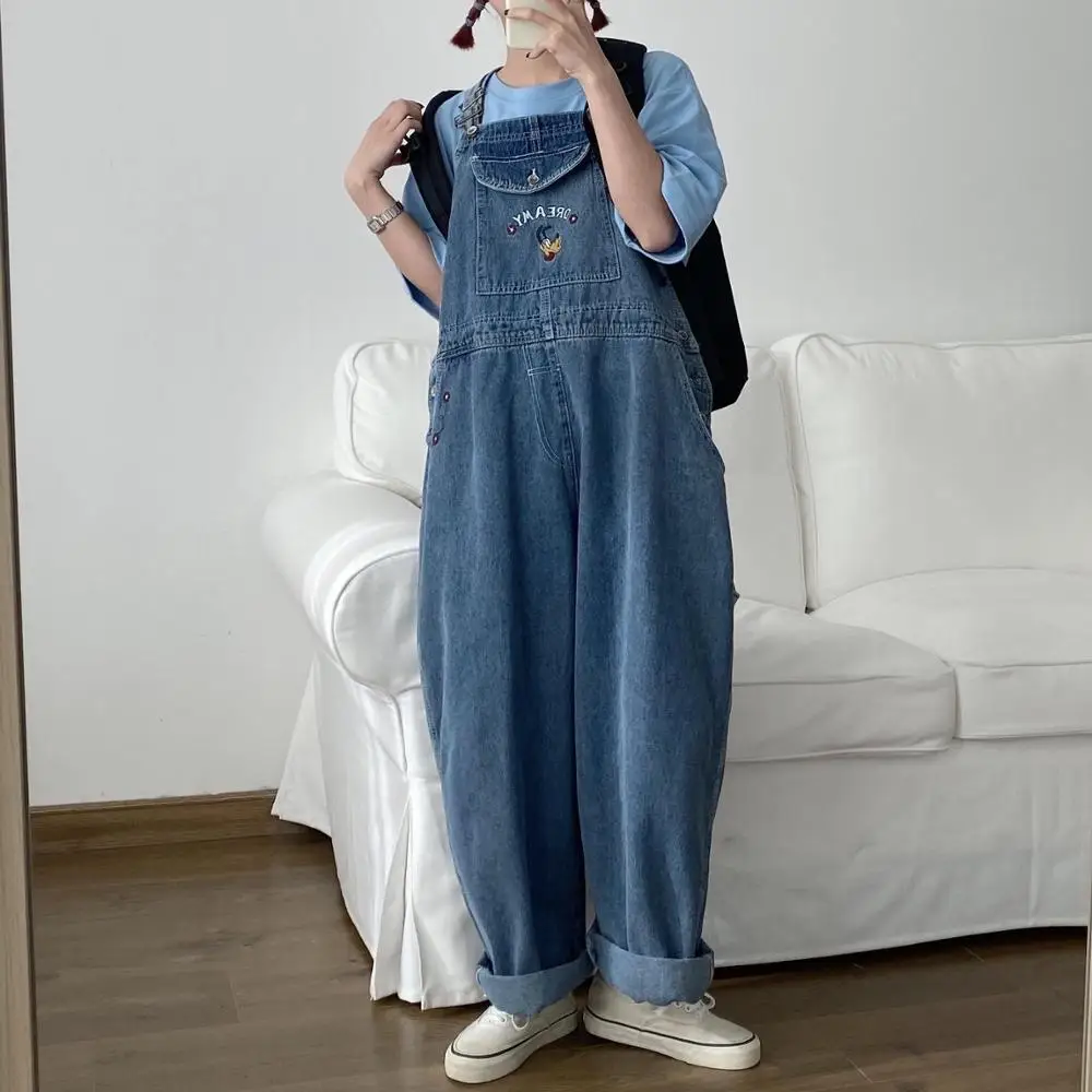 Japanese Loose Cute Jumpsuits Women New Cartoon Embroidery Oversized Denim Overalls Female Cuffed Wide Leg Trousers |