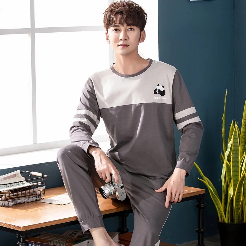 

high quality 100% Cotton Men Sleepwear Set Autumn Winter new Warm Simple Home Wear Pajamas Set for Men Elastic Pants mens pyjama