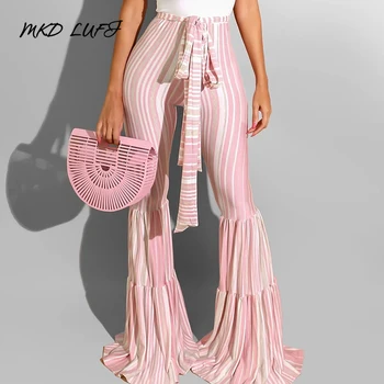 

Women Strips Printed Casual Tied Waist Flare Pants