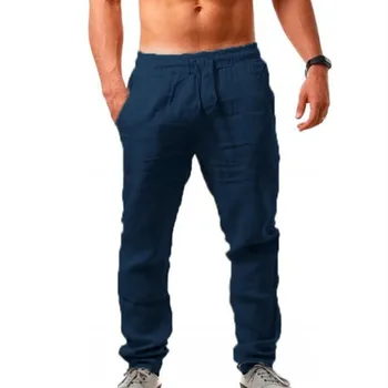 Feitong 2021 Summer Men Cotton Linen Pants Elastic Waist Solid Casual Pants Ankle length Breathable
