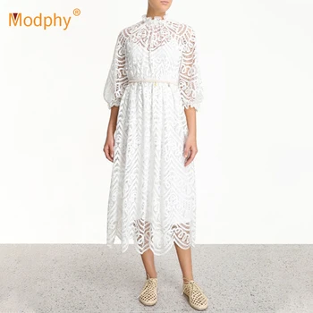 

Fashion White Lace Long Dress Sexy Cropped Sleeves Belt Loose Casual Party Dress Female 2020 Summer New Women'S Clothing