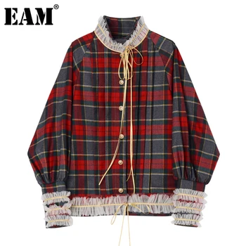 

[EAM] Women Red Plaid Split Big Size Blouse New Stand Collar Long Sleeve Loose Fit Shirt Fashion Tide Spring Autumn 2020 1Z138