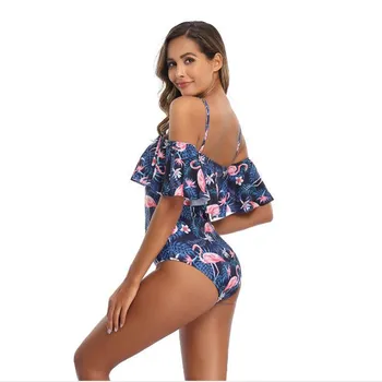 

Fashion Sexy 2020 New Bikini One Piece Printed ruffle swimsuit women Sling Word shoulder swimming suit Pink, blue Bathing Suit
