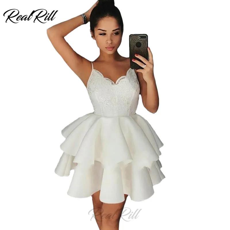 

Real Rill Spaghetti Straps V Neck Homecoming Dresses Lace Up Back Mini Graduation Dress Lace Top Satin A Line Cocktail Dress