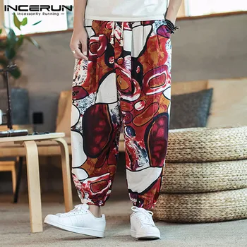 

INCERUN Printed Men Harem Pants Cotton Linen Joggers Drawstring Drop-Crotch Trousers Men Loose 2020 Casual Thai Pants Streetwear