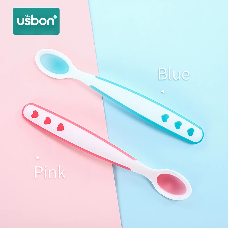 Usbon, 2 шт./лот, Обучающие блюда, ложка с датчиком температуры для детей, безопасные столовые приборы, силиконовая ложка для кормления, посуда