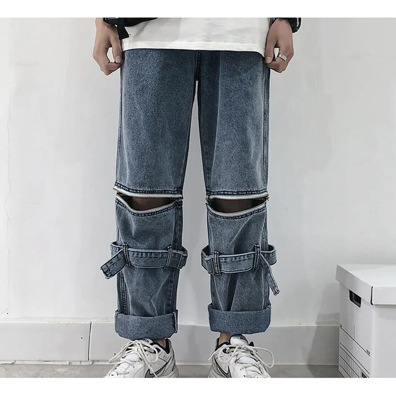 Men Jeans Hip Hop Zipper Detachable 