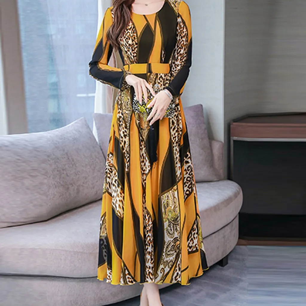 Winter Maxi Dress Women Elegant Print Long Sleeve Long Dresses Woman Party Night Autumn Dress Women Vintage Ladies Dresses