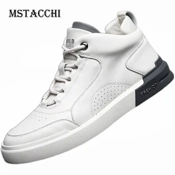 

MStacchi Concise Mid-Top Genuine Leather Breathable Men's Vulcanized Shoes Classics Solid Color Low Heel Student Walking Shoes