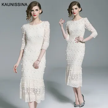 

KAUNISSINA Lace Mermaid Evening Dress Elegant Party Gown 3/4 Sleeve Solid Embroidery Special Occasion Dresses