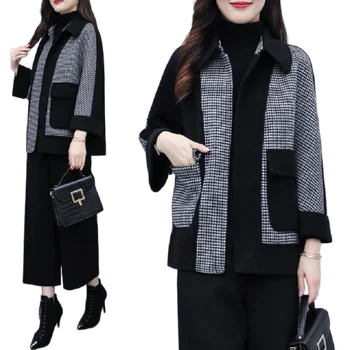

2020 Autumn Winter Casual Loose Wide Leg Pants Suit for Women Houndstooth Patchwork Jacket and Trousers Two Piece Set Outfit